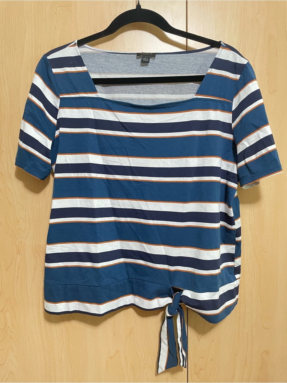 Ann Taylor Navy, White & Tan Striped Tie-Hem Short Sleeve Top